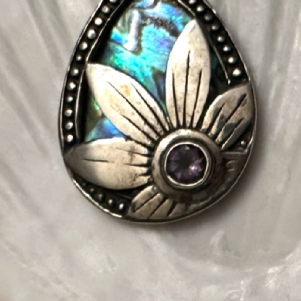 SET - Sterling Silver Abalone Amethyst Pendant Necklace Earrings Set - Picture 4 of 11